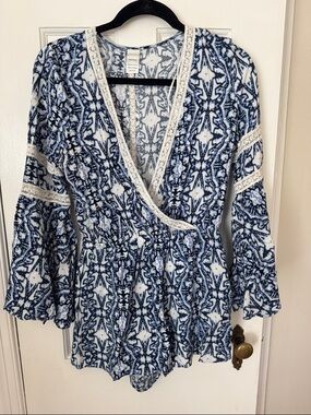 l*space Blue & White Printed Wrap Romper with lace detail